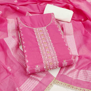 Elegant Pink Floral Weaving Cotton Silk Banarasi Dress Material Adorned With Beads & Stone Work