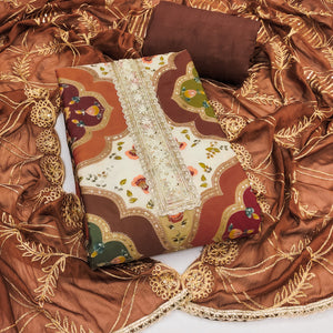 Classic Brown Floral Digital Printed Viscose Dress Material With Sequins Embroidery & Moti Handwork