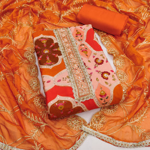 Classic Orange Floral Digital Printed Viscose Dress Material With Sequins Embroidery & Moti Handwork