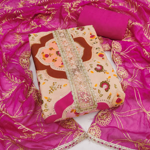 Classic Peach Floral Digital Printed Viscose Dress Material With Sequins Embroidery & Moti Handwork
