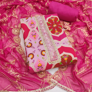 Classic Pink Floral Digital Printed Viscose Dress Material With Sequins Embroidery & Moti Handwork