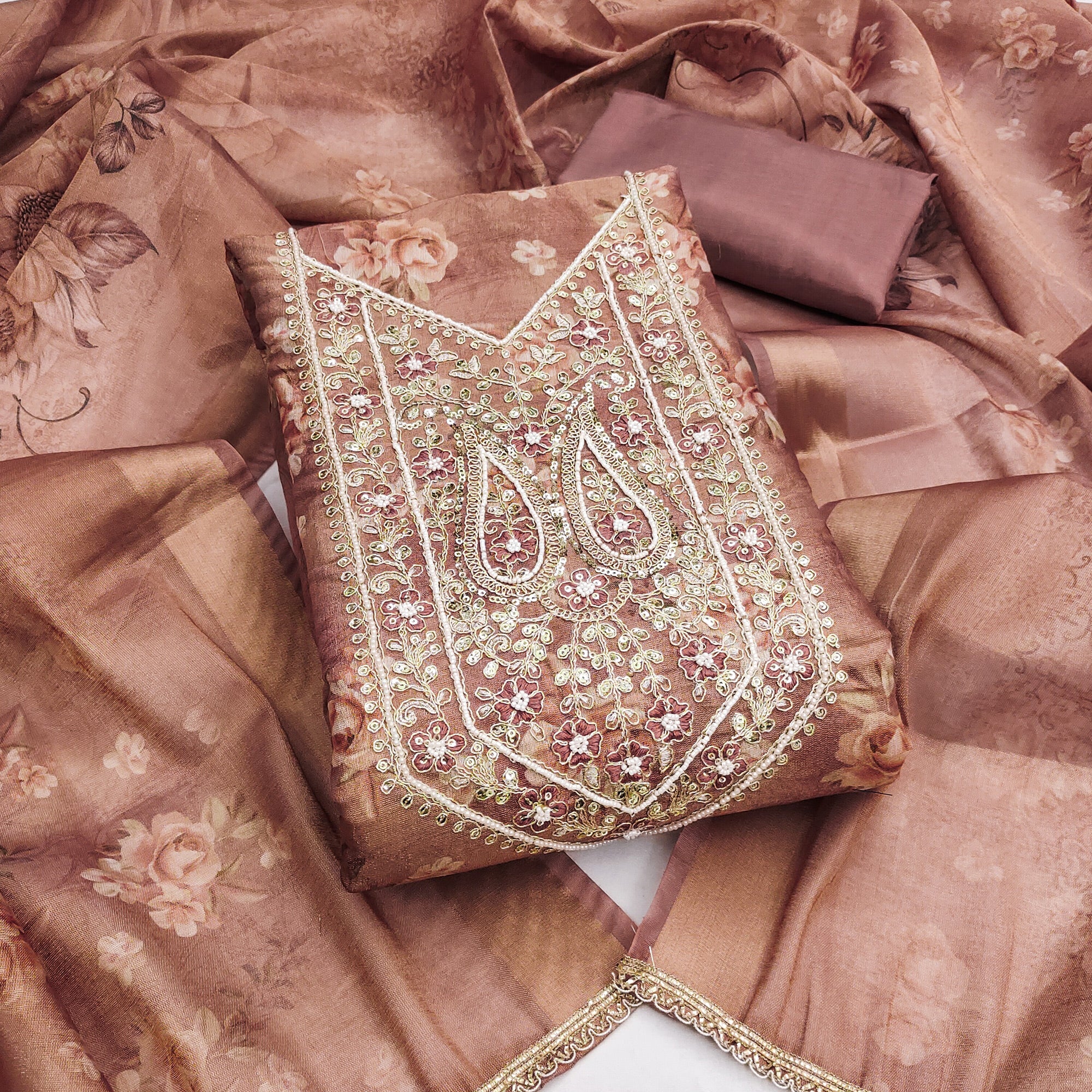 Classic Brown Floral Digital Printed Viscose Dress Material With Sequins Embroidery & Moti Handwork