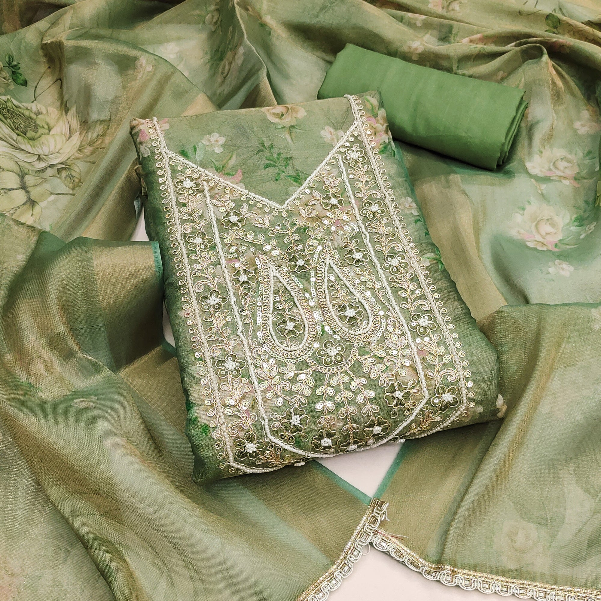 Classic Green Floral Digital Printed Viscose Dress Material With Sequins Embroidery & Moti Handwork