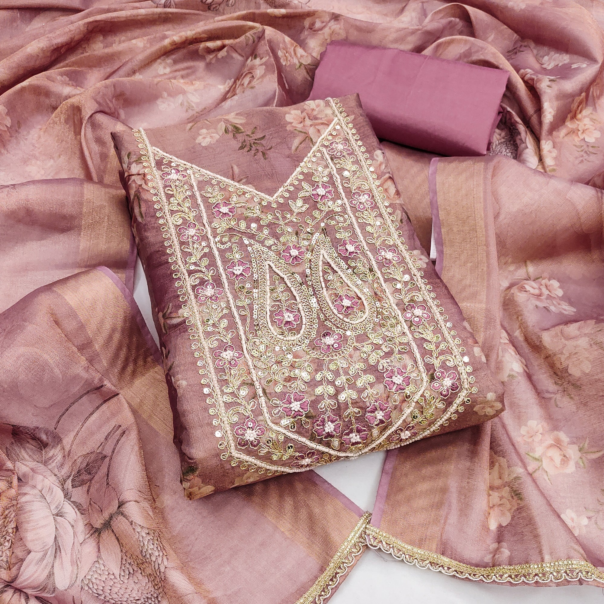 Classic Mauve Floral Digital Printed Viscose Dress Material With Sequins Embroidery & Moti Handwork