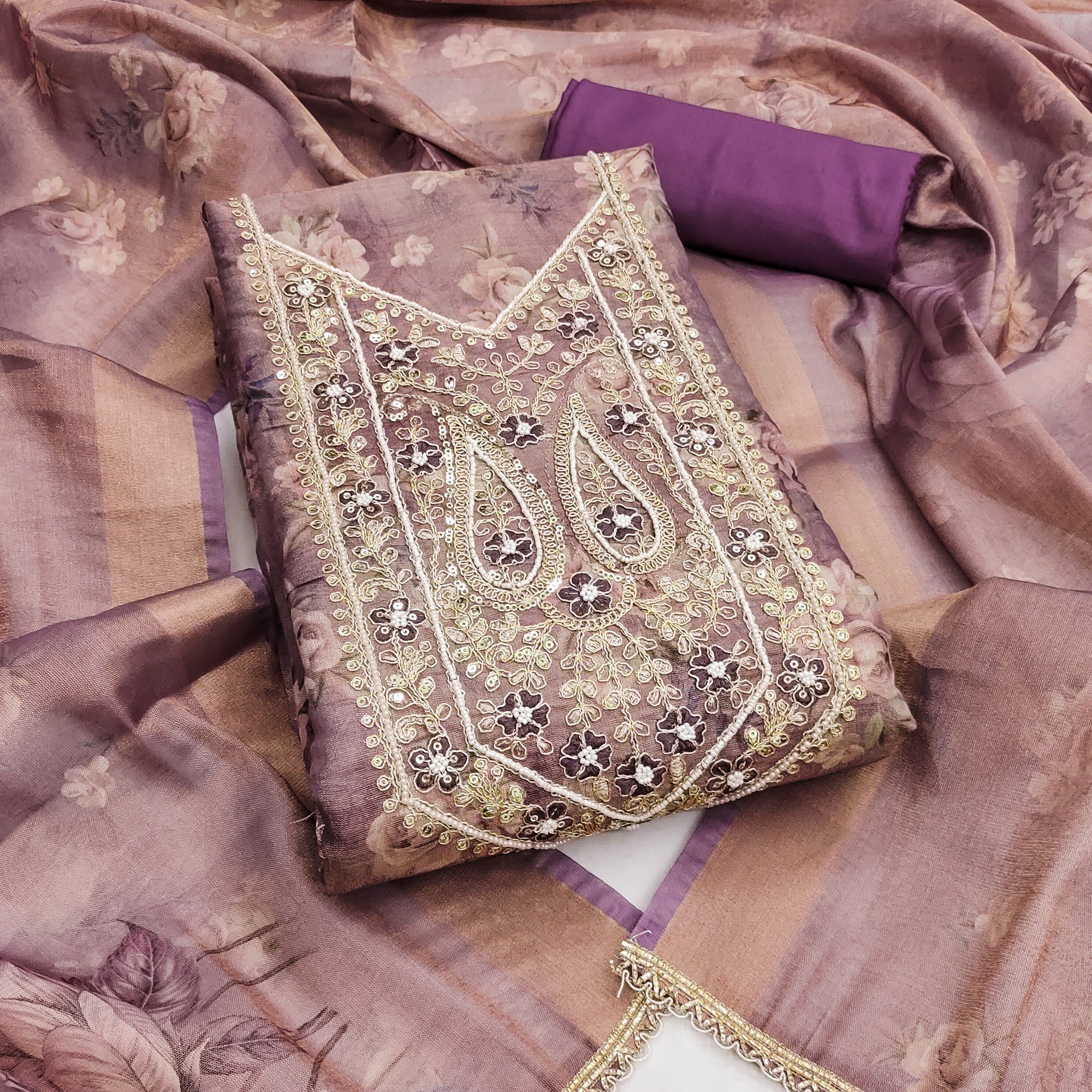 Classic Purple Floral Digital Printed Viscose Dress Material With Sequins Embroidery & Moti Handwork