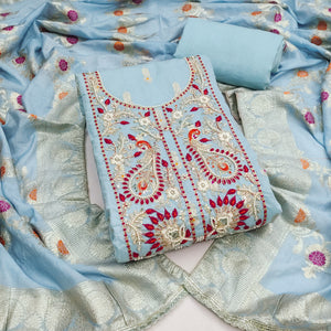 Timeless Blue Floral Weaving Muslin Dress Material With Elegant Sequins Embroidery & Moti Work