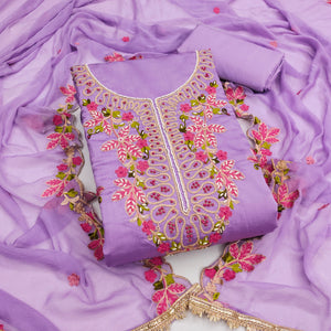 Charming Lavender Floral Embroidery Cotton Silk Dress Material Enhanced With Elegant Moti Handwork