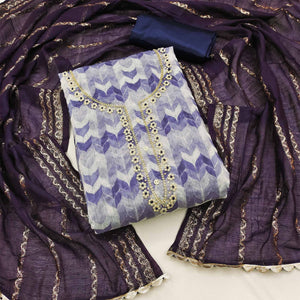 Blue Printed With Handwork Chanderi Silk Dress Material