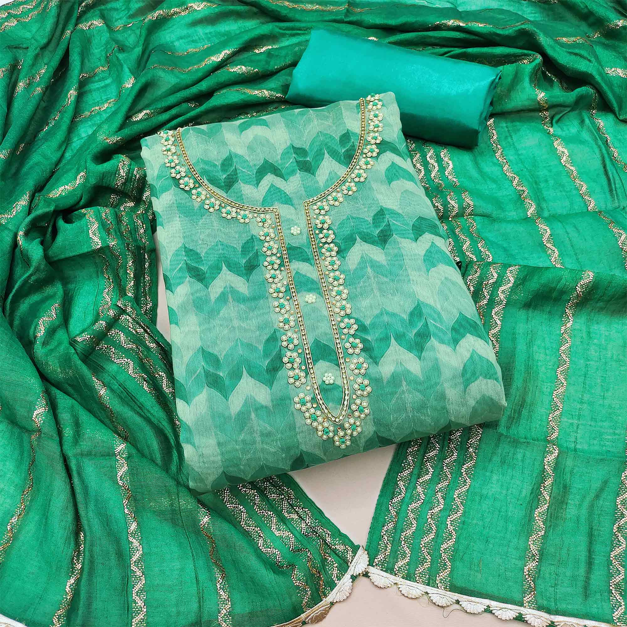 Green Printed With Handwork Chanderi Silk Dress Material
