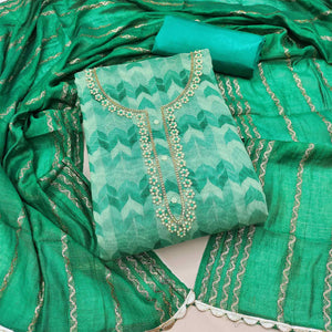 Green Printed With Handwork Chanderi Silk Dress Material