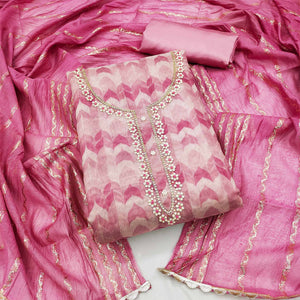 Pink Printed With Handwork Chanderi Silk Dress Material