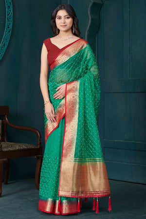 Green Jacquard Saree With Intricate Beads Handwork & Floral Weaving Border