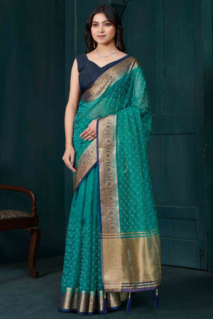 Rama Green Jacquard Saree With Intricate Beads Handwork & Floral Weaving Border