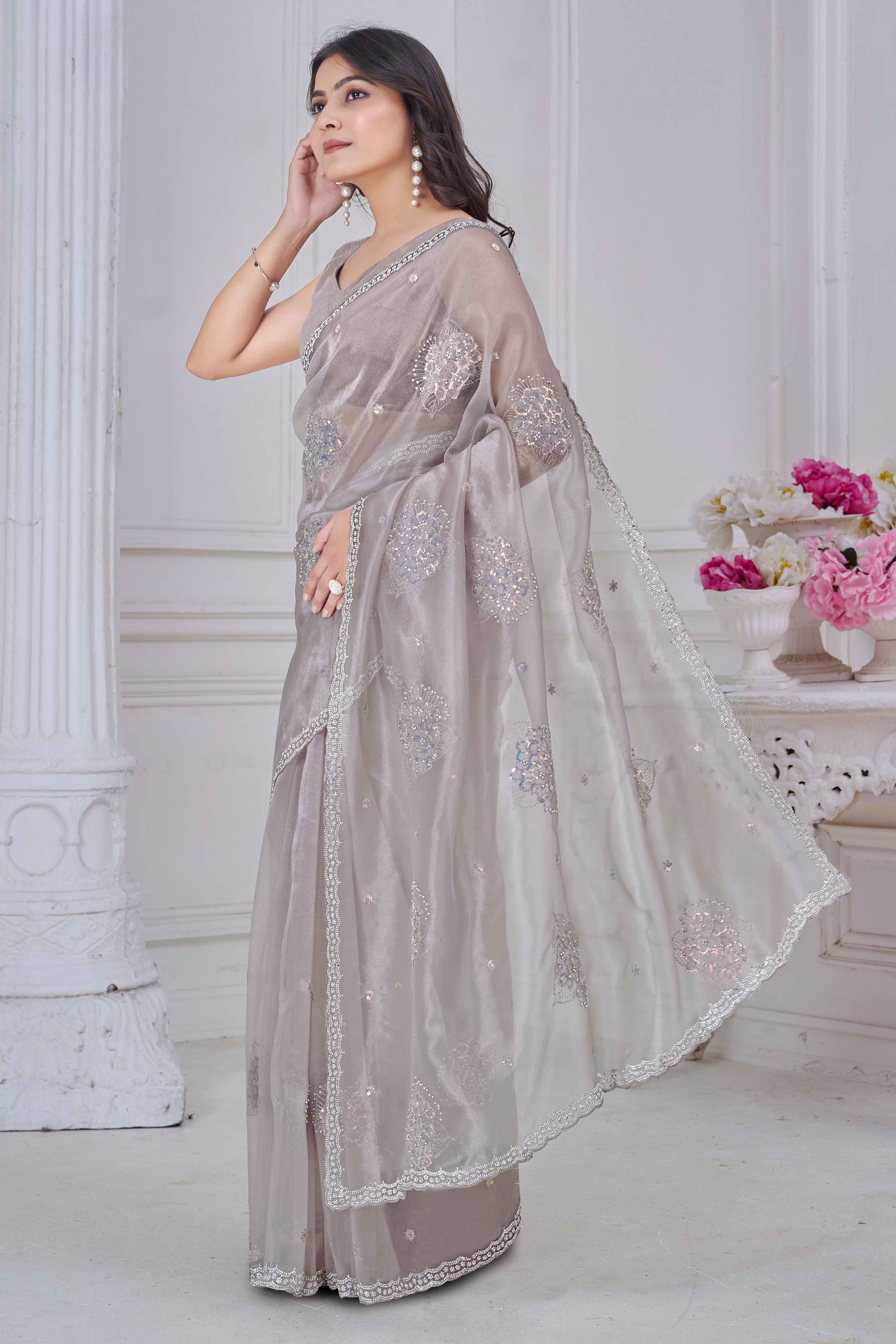 Pale Silver Sequins & Moti Work Organza Saree With Elegant Zarkan Border Detailing