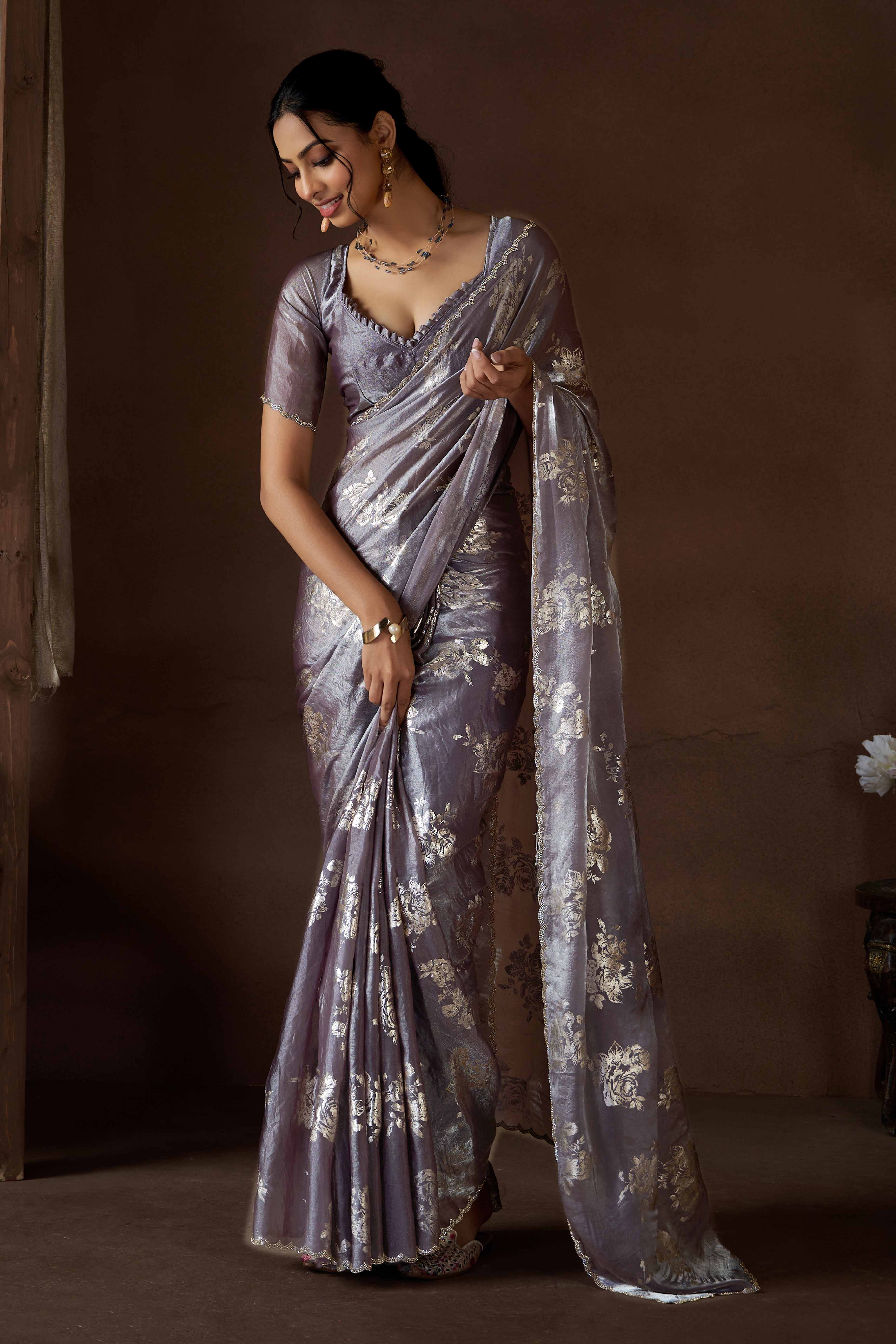 Grey Floral Foil Printed Satin Silk Saree With Zarkan Border