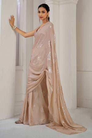 Beige Floral Printed Stone Work Satin Saree