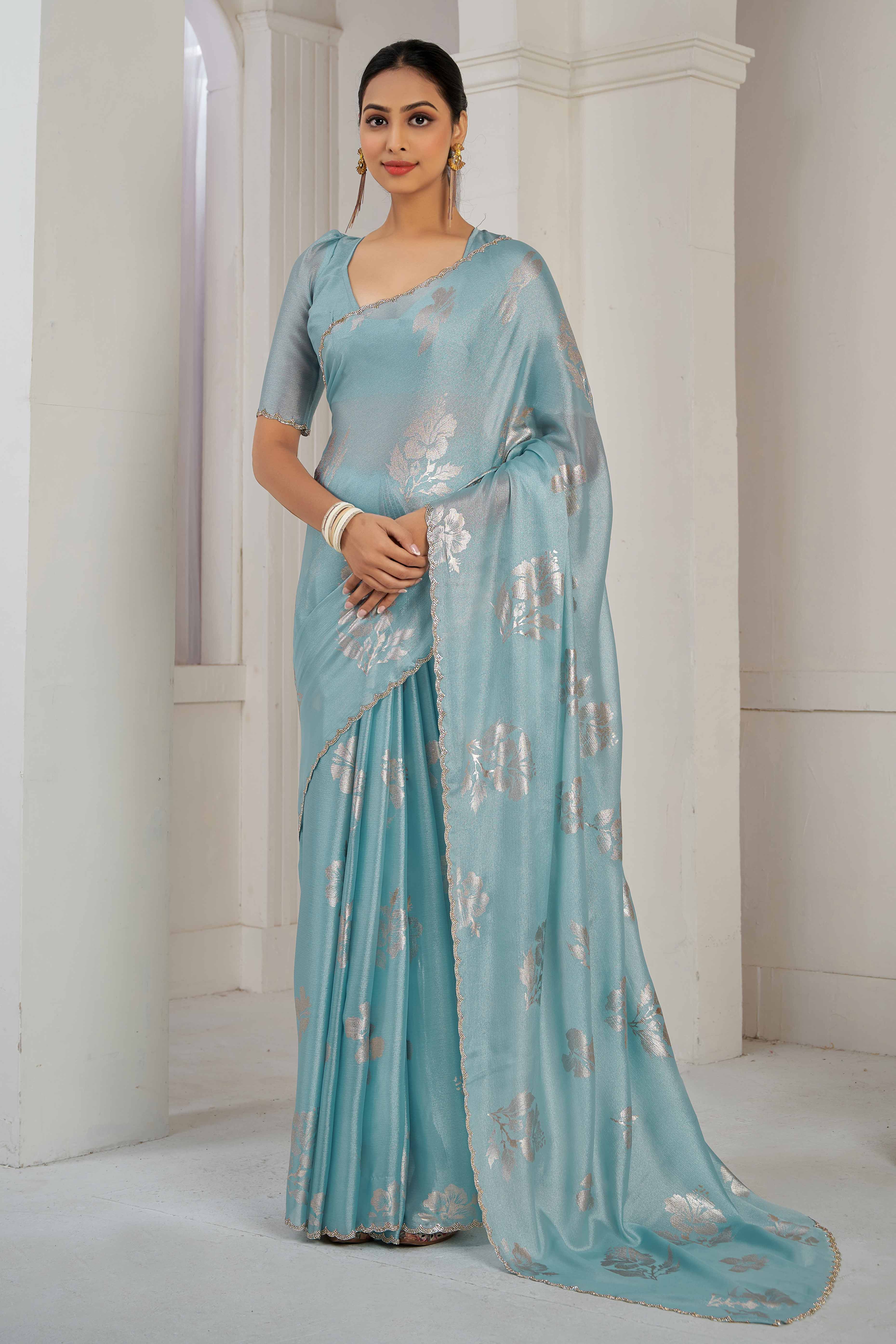 Sky Blue Floral Printed Stone Work Satin Saree