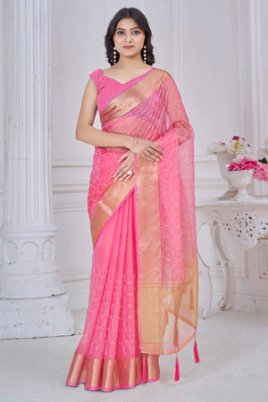 Pink Pure Jacquard Saree Weaving with Delicate Beads and Embroidery