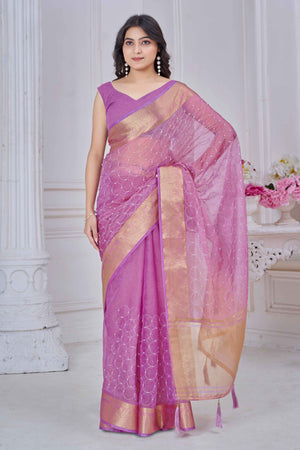 Purple Pure Jacquard Saree Weaving with Delicate Beads and Embroidery