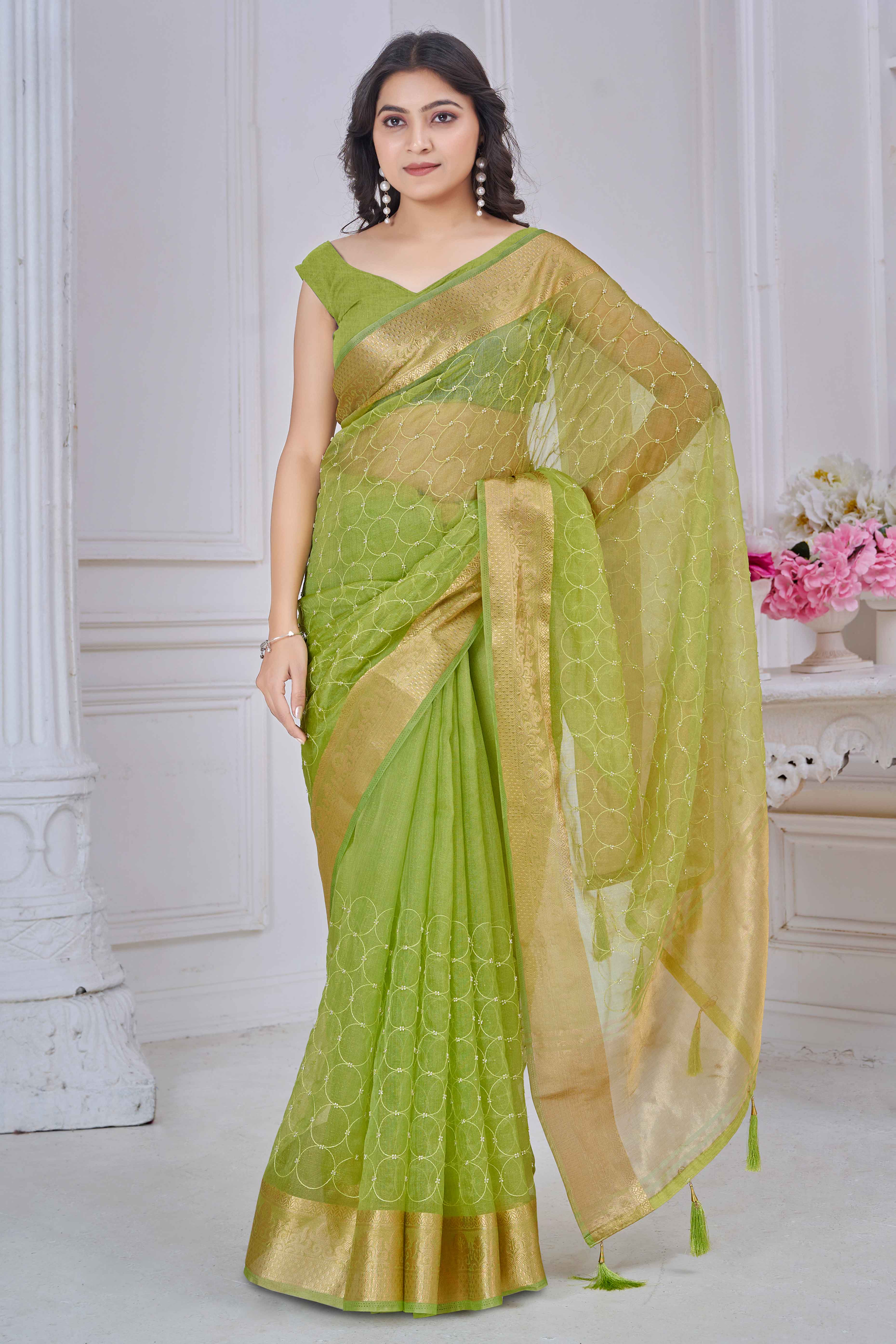 Green Pure Jacquard Saree Weaving with Delicate Beads and Embroidery