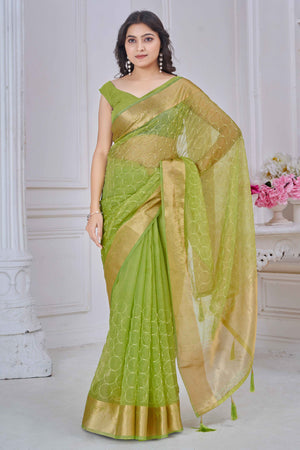 Green Pure Jacquard Saree Weaving with Delicate Beads and Embroidery