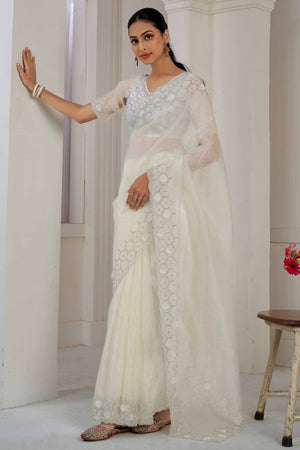 White Stone Work Soft Organza Saree