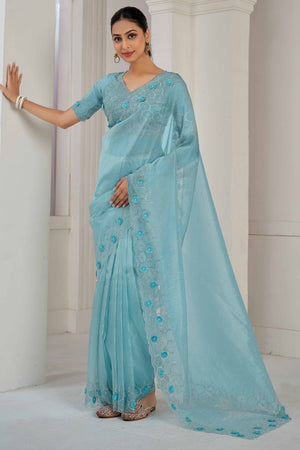 Sky Blue Stone Work Soft Organza Saree