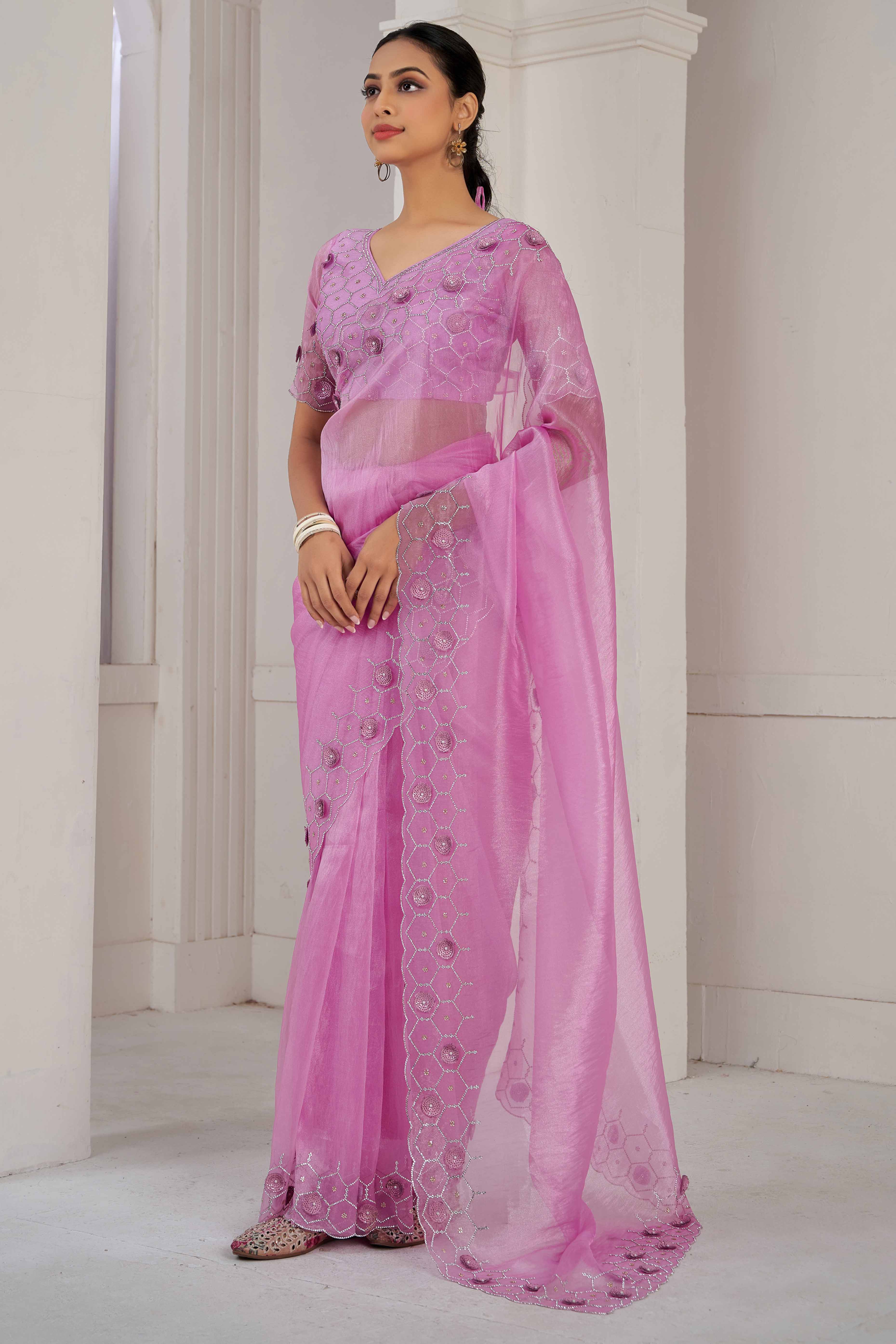Pink Stone Work Soft Organza Saree