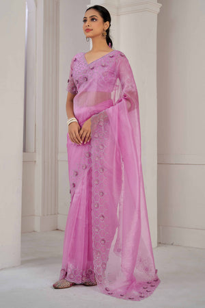 Pink Stone Work Soft Organza Saree