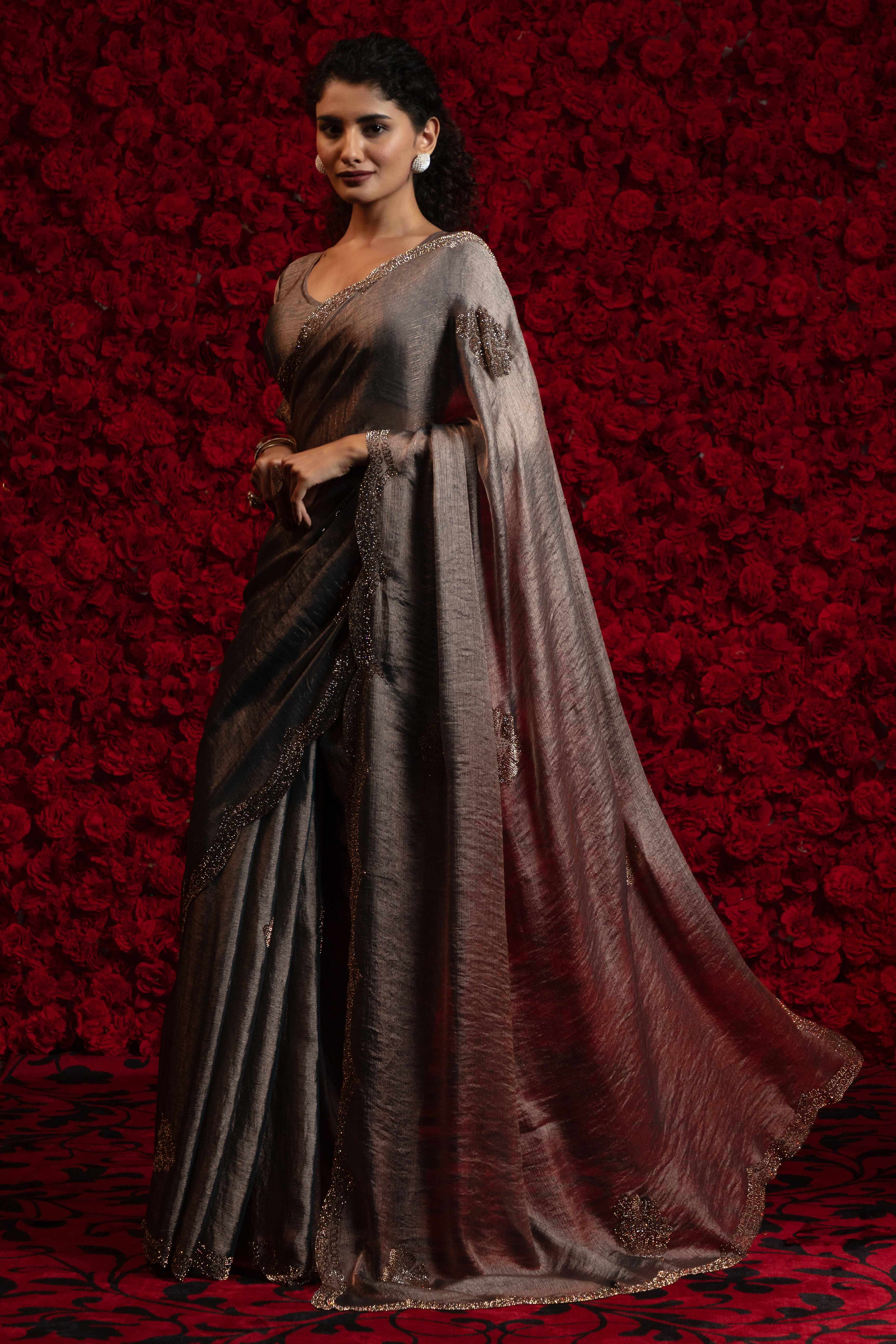Silver Grey Stone Work Embellished Satin Chiffon Partywear Saree