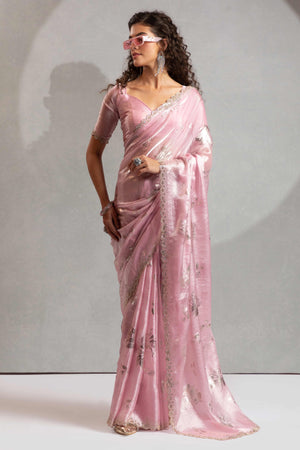 Designer Pink Satin Silk Saree Adorned with Foil & Stone Embellishments