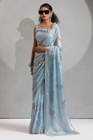 Designer Sky Blue Satin Silk Saree Adorned with Foil & Stone Embellishments