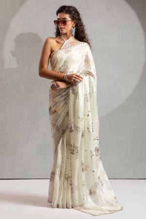 Designer Off White Satin Silk Saree Adorned with Foil & Stone Embellishments