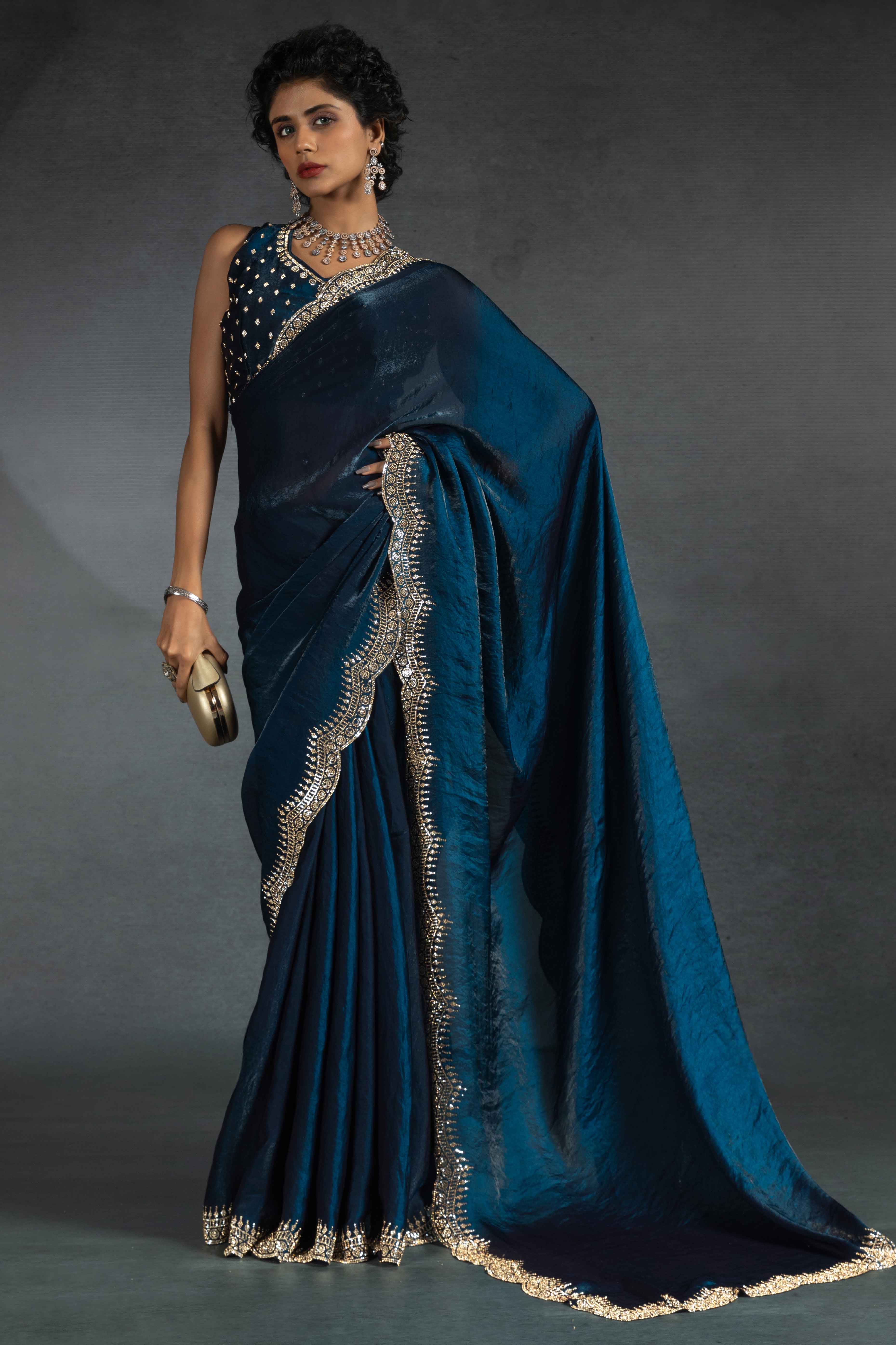 Blue Satin Saree Embellished with Stones for a Party Look