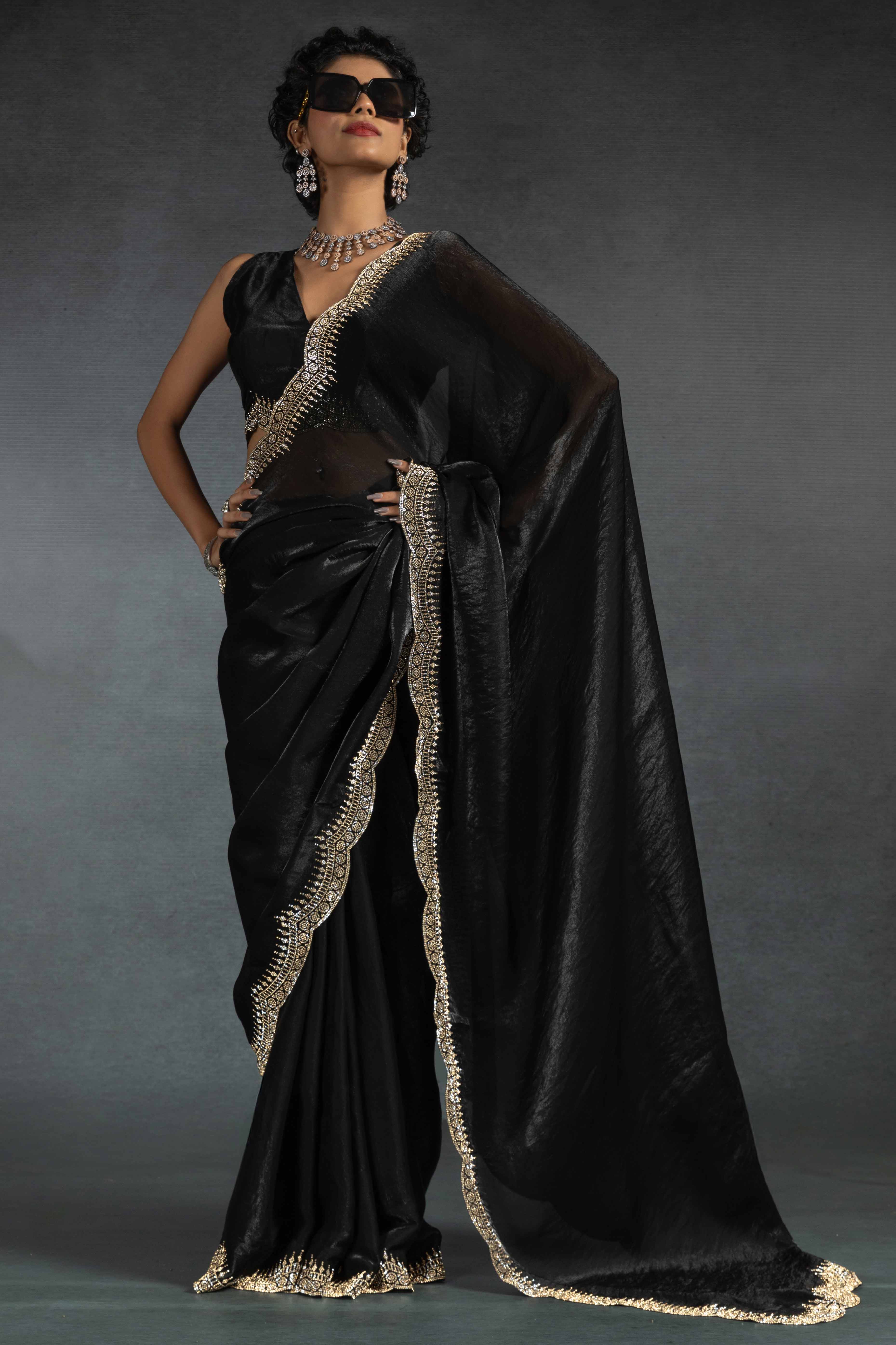 Black Satin Saree Embellished with Stones for a Party Look