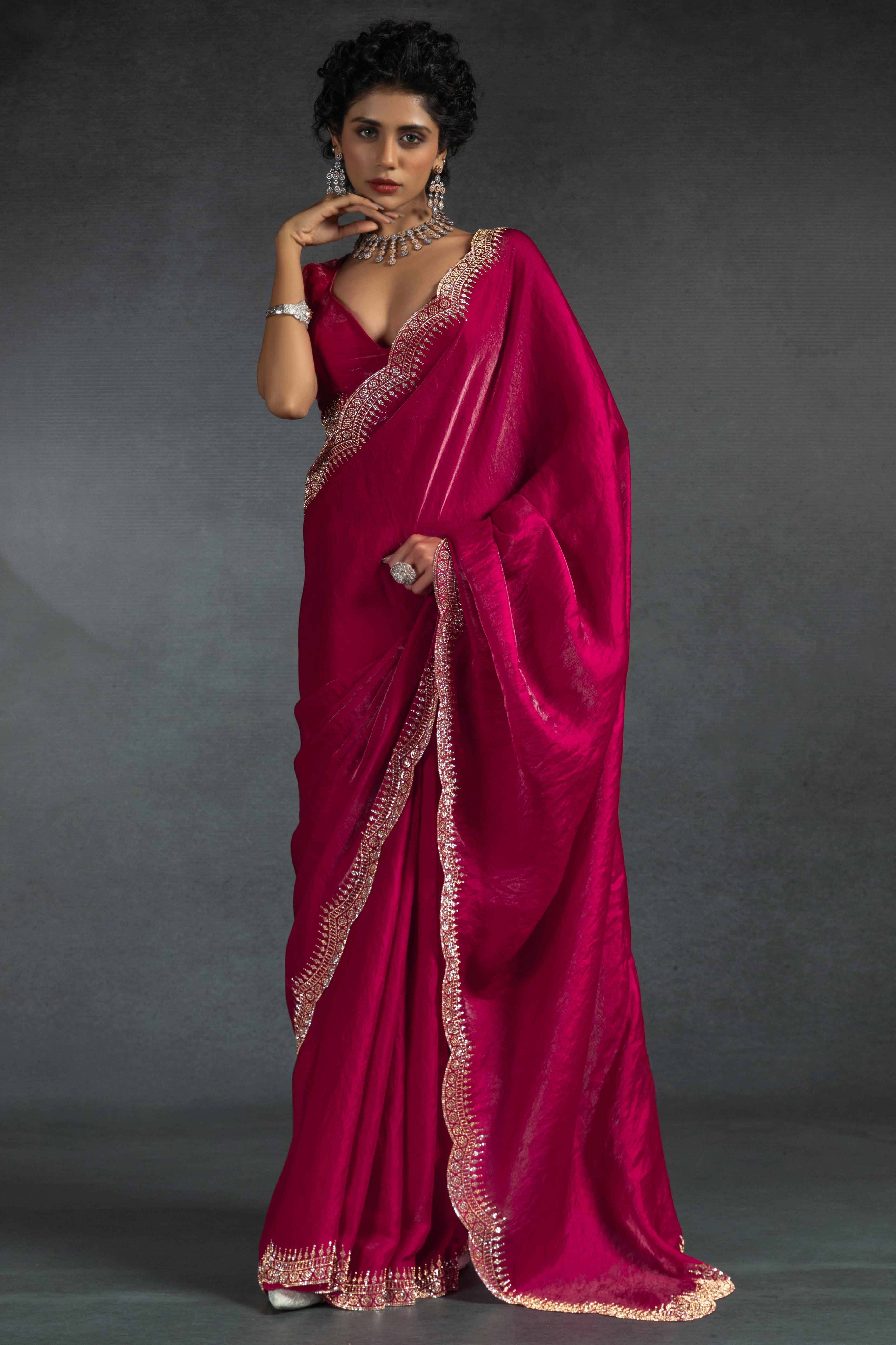 Pink Satin Saree Embellished with Stones for a Party Look
