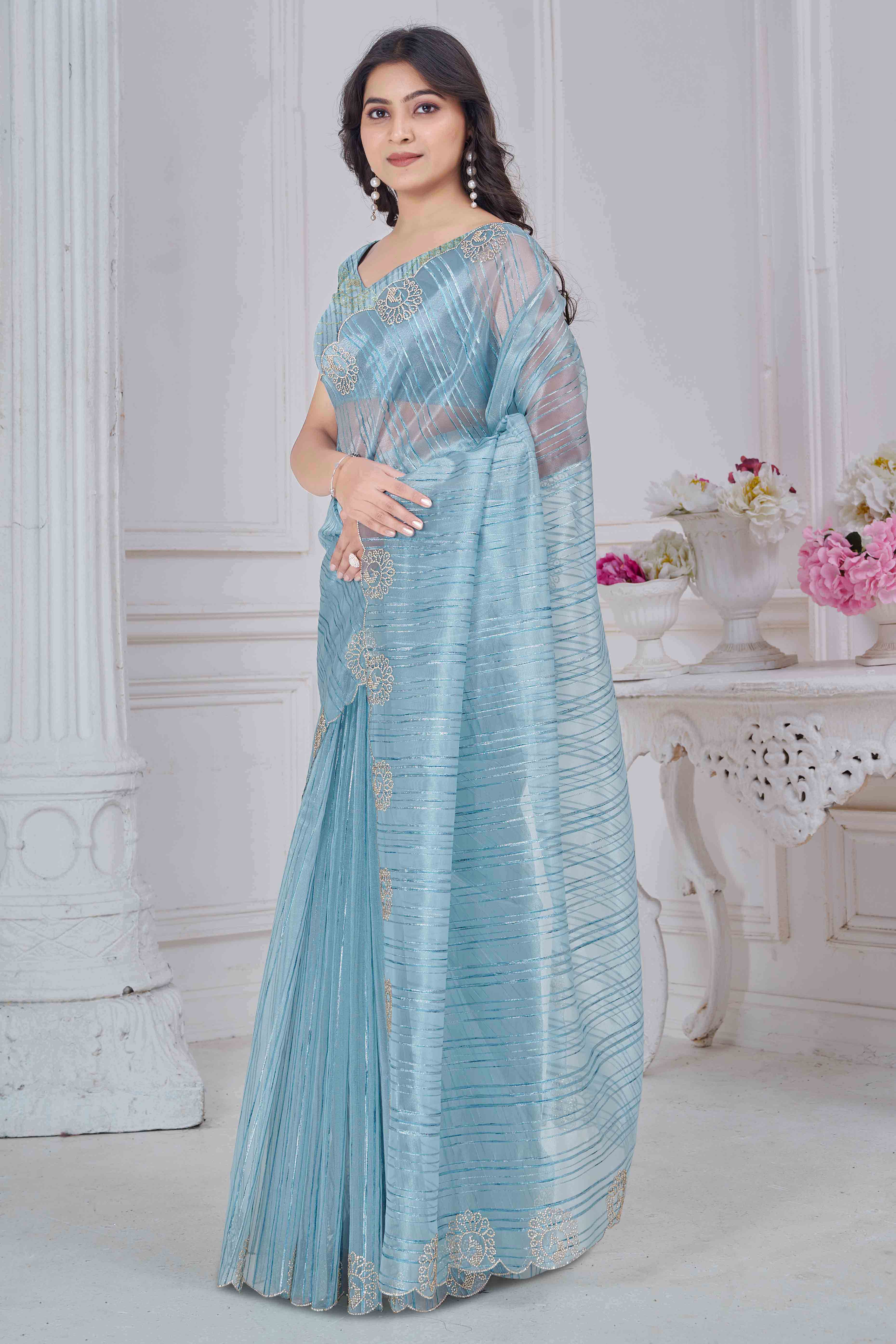 Sky Blue Cotton Blend Saree with Modern Stripes and Delicate Stone Embroidery
