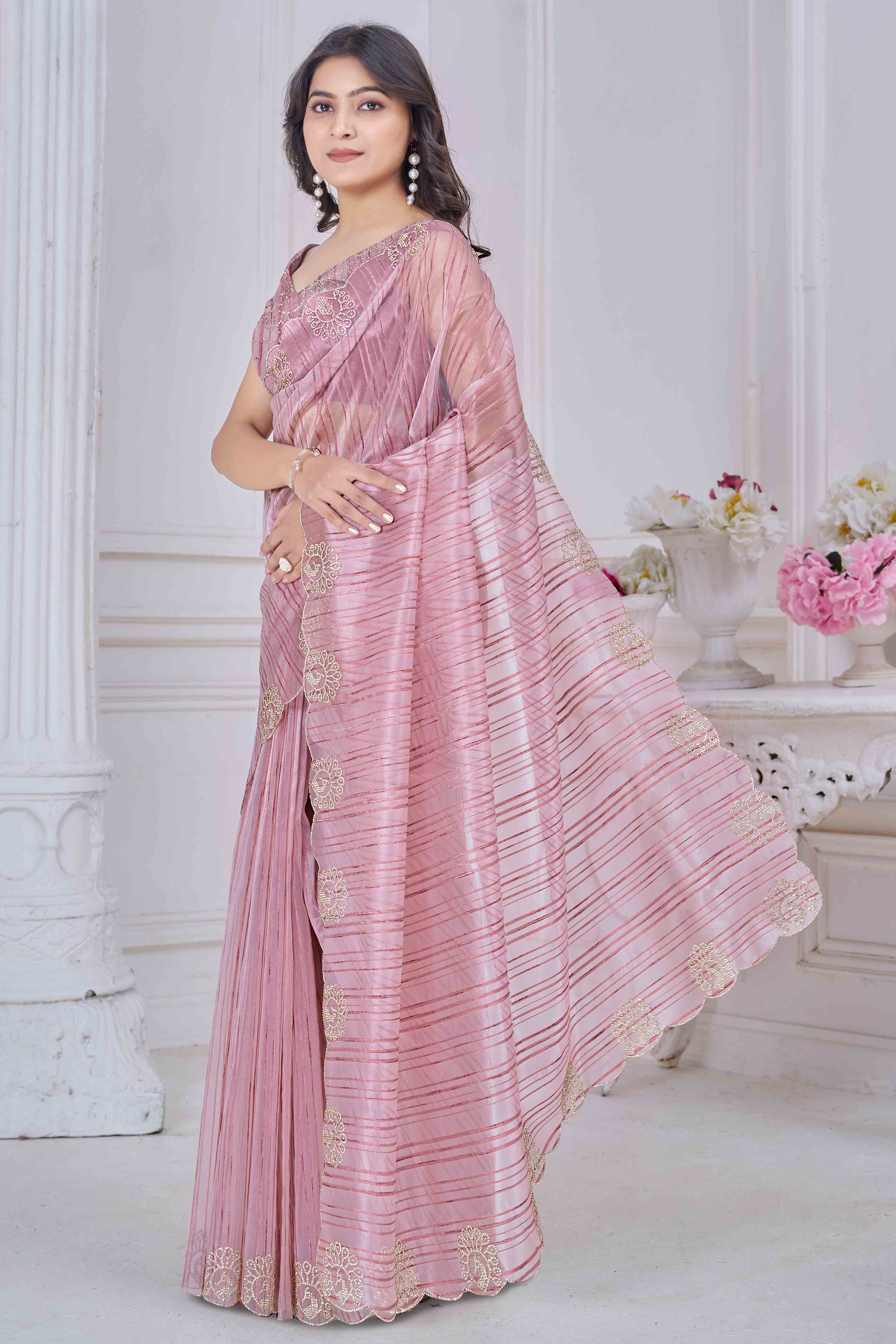 Pink Cotton Blend Saree with Modern Stripes and Delicate Stone Embroidery
