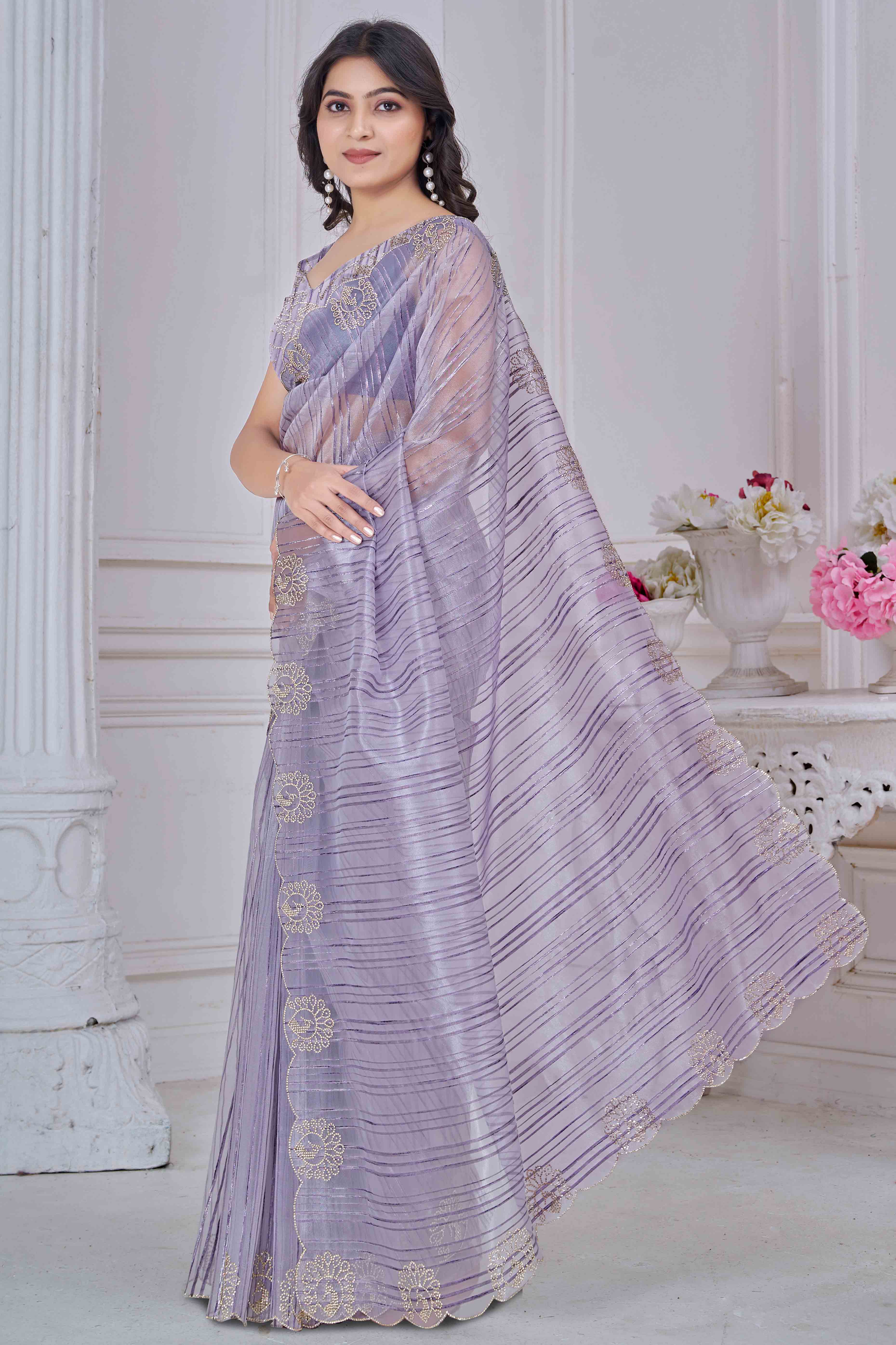 Lavender Cotton Blend Saree with Modern Stripes and Delicate Stone Embroidery