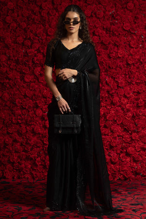 Designer Black Satin Silk Saree with Luxe Stone Accents
