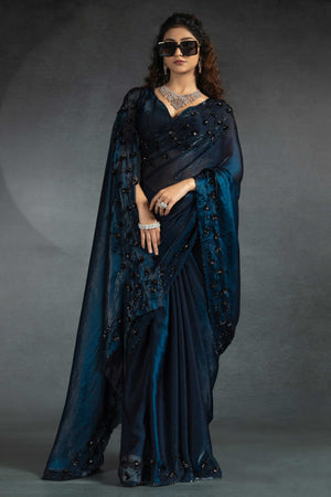 Dark Teal Satin Saree with Stone and Sequin Embellishment
