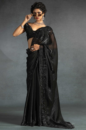Black Satin Saree with Stone and Sequin Embellishment