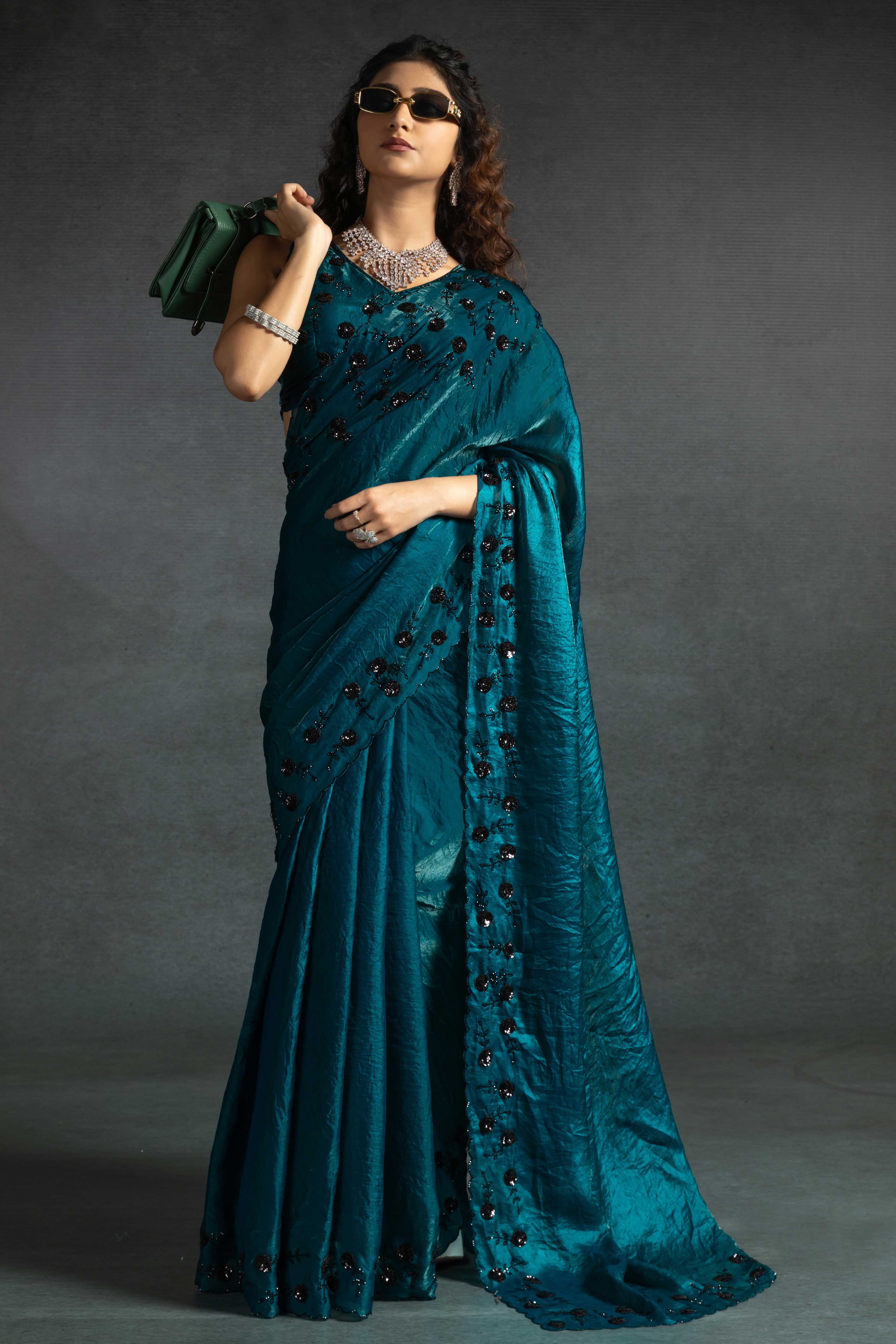 Teal Satin Saree with Stone and Sequin Embellishment
