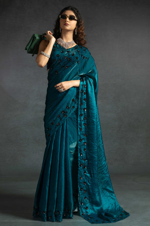 Teal Satin Saree with Stone and Sequin Embellishment