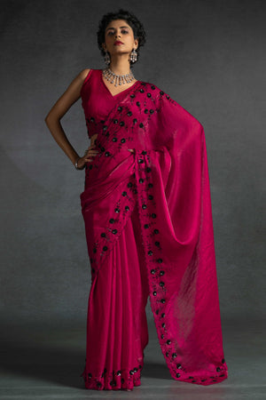 Ruby Pink Satin Saree with Stone and Sequin Embellishment