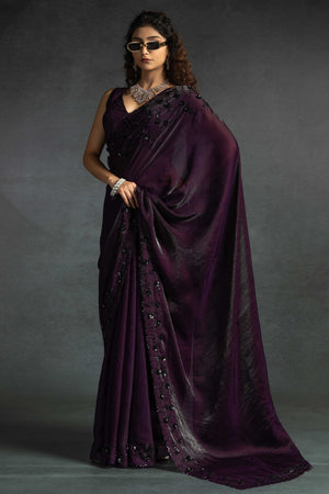 Dark Purple Satin Saree with Stone and Sequin Embellishment