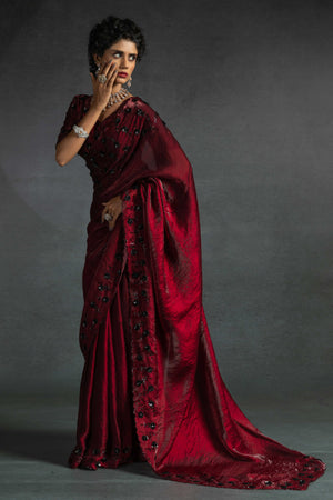 Maroon Satin Saree with Stone and Sequin Embellishment