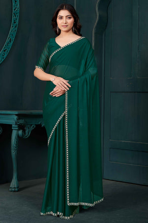 Green Crepe Silk Solid Saree with Elegant Zarkan Border Detailing
