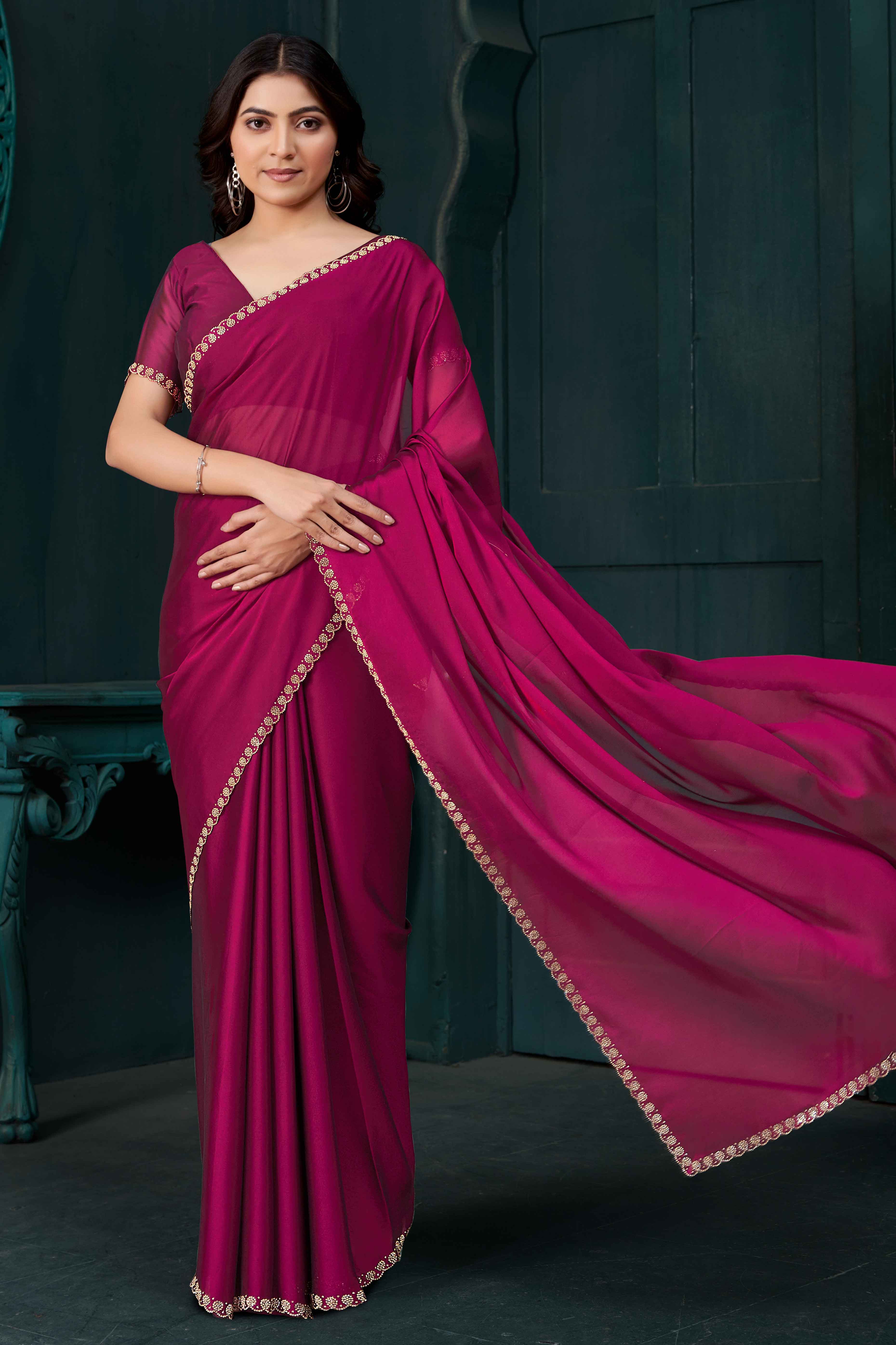 Magenta Crepe Silk Solid Saree With Elegant Zarkan Border Detailing