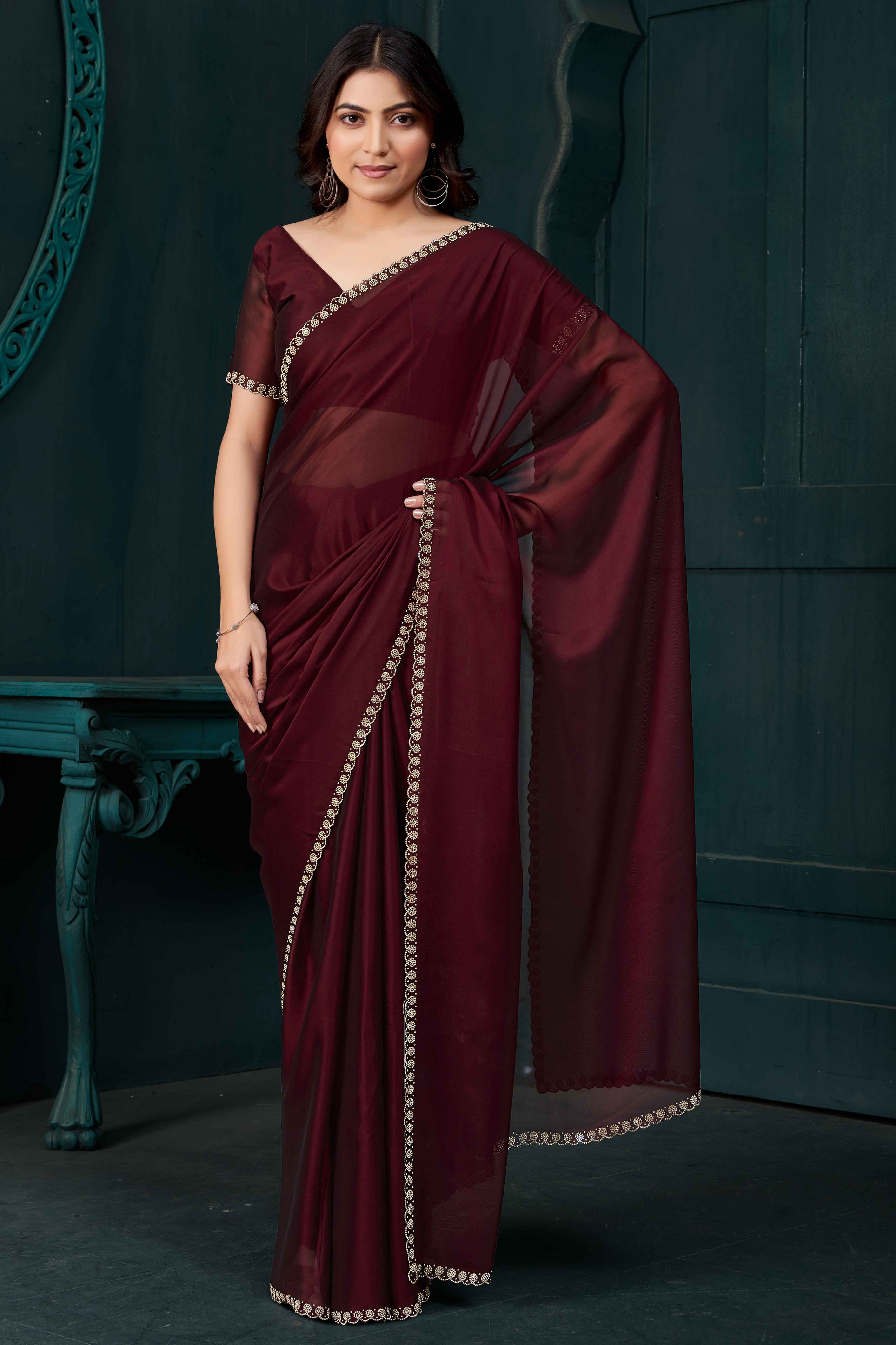 Maroon Crepe Silk Solid Saree with Elegant Zarkan Border Detailing